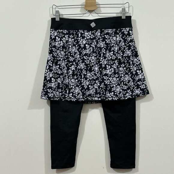 SAHALIE Skirted Leggings Womens Small Black White Floral Capri Style 26192 - Picture 2 of 9